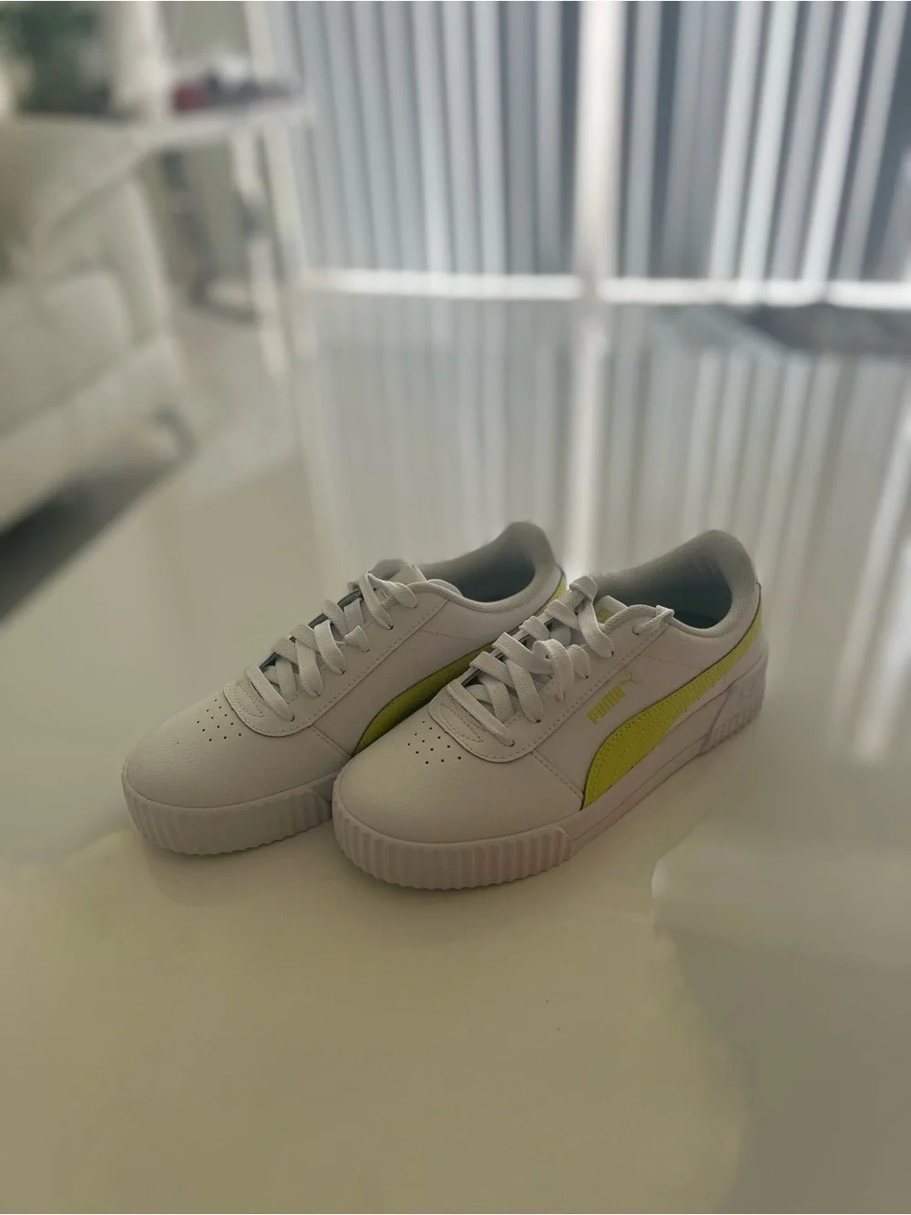 Puma Carina White Sneakers with Neon yellow Stripe
